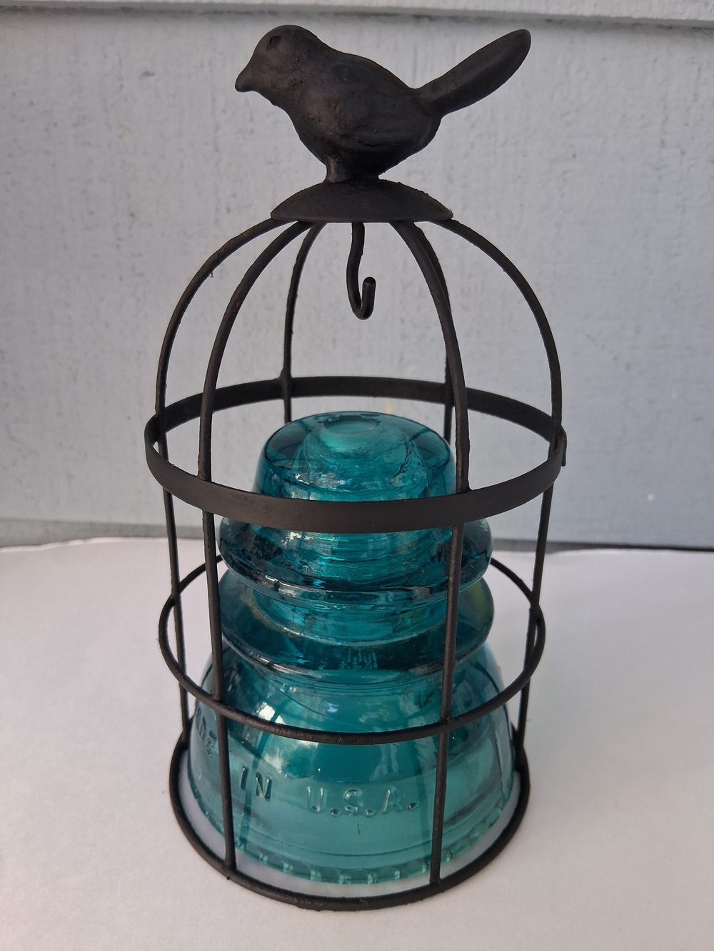 Teal Glass Insulator in Black Bird Cage